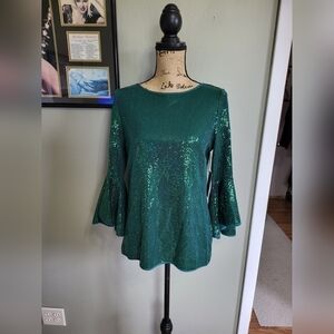 Vince Camuto  Women's Metallic Knit Flutter Sleeve Top NWT ARRESTING EMERALD